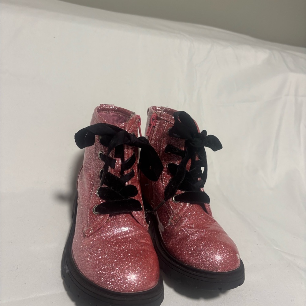 Glitter Pink Combat Boots with Black Ribbon Laces
